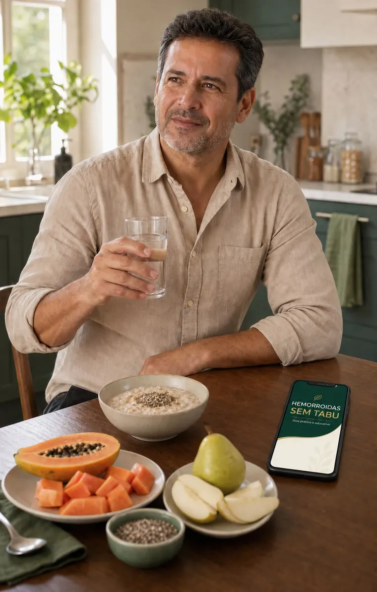Homem ao lado de alimentos ricos em fibras e do eBook Hemorroidas Sem Tabu